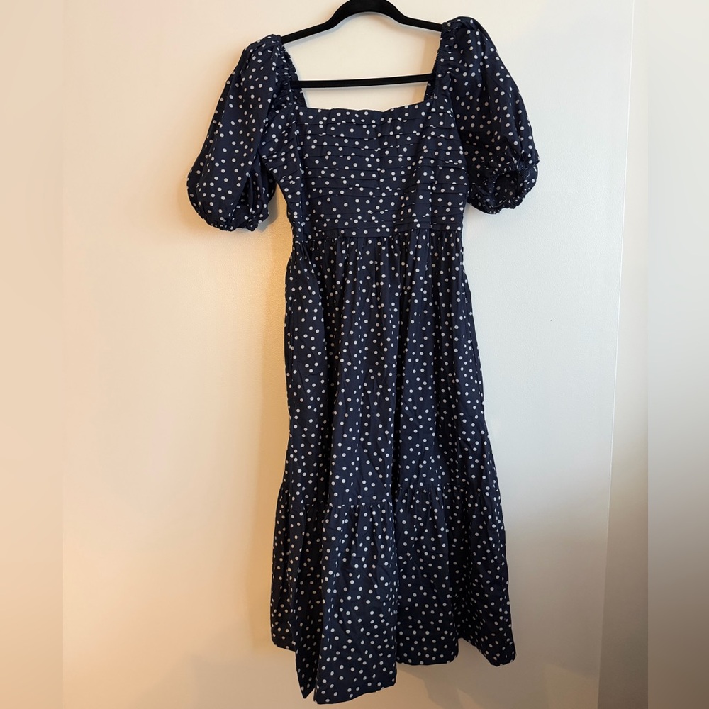 Abercrombie & Fitch Navy Polka Dot Puff-Sleeve Midi Dress